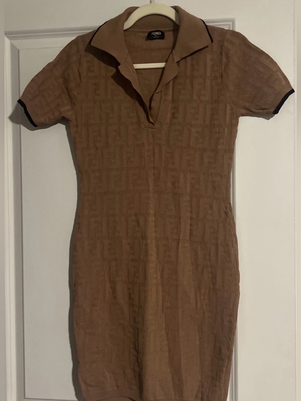 Fendi FF Logo Women Monogram Tan Knitted Short Sleeve Tennis Dress Small